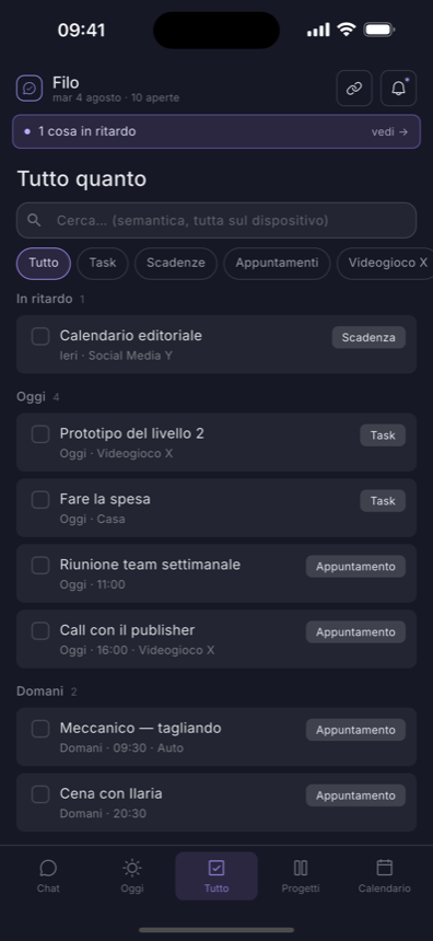La vista Tutto con i filtri per tipo e progetto